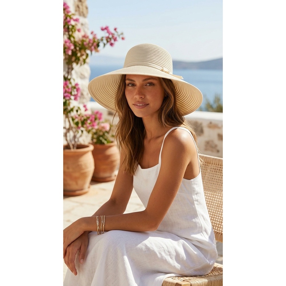 San Diego Hat Co Sun Hat Womens OS Cream Tan Ribbon Bow Wide Brim Packable UPF